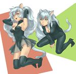  animal_ears armpits bodysuit breasts cat_ears cat_tail catsuit character_request cleavage copyright_request grey_hair heterochromia high_heels jumping leaning_forward leotard long_hair medium_breasts multiple_girls quot shoes sitting skirt tail thighhighs 