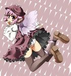  animal_ears ass back brown_legwear dress hat highres jewelry looking_back mepikari mystia_lorelei open_mouth panties pink_eyes pink_hair shoes short_hair solo thighhighs touhou underwear white_panties wings 