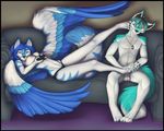  anthro artik_ninetails balls barefoot blue_eyes blue_hair breasts canine claws controller dog_tags duo ear_piercing female footrub game_pad gamer gaming hair hindpaw male mammal massage multitasking nipples nude paws penis piercing sheath sofa straight tala_(suntattoowolf) tattoo teal_markings toes topless underwear while_playing_videogame wings wolf yellow_eyes 