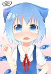  akisha bad_id bad_pixiv_id blue_eyes blue_hair blush bow cirno fang hair_bow highres ice ice_wings looking_at_viewer open_mouth ribbon short_hair solo tears touhou wings 