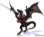  ars_goetia astaroth_(mygrimoire) black_hair character_name claws dragon kyousaku long_hair mygrimoire polearm riding spear tail weapon wings 