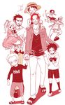  1girl 6+boys 6boys amputee book carry carrying child dracule_mihawk hat kumacy marco monkey_d_luffy monochrome multiple_boys one_piece perona pole portgas_d_ace reading roronoa_zoro sandals scar shanks shorts smile spot_color straw_hat stuffed_toy trafalgar_law twintails young younger 