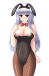  animal_ears bow bowtie breasts bunny_ears bunnysuit cleavage detached_collar idolmaster idolmaster_(classic) large_breasts long_hair nak_yama pantyhose red_eyes shijou_takane silver_hair simple_background solo white_background wrist_cuffs 