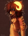  body_markings brow_fur brown_hair devil_lion_roo falvie glowing hair horn kage looking_at_viewer looking_at_viewr lupa_loveless male markings piercing solo 