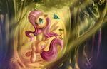  butterfly cutie_mark equine female feral fluttershy_(mlp) forest friendship_is_magic fur hair horse insect mammal my_little_pony pink_hair pony tree tsitra360 yellow_fur 