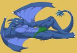  anthro azurin biceps big_muscles blekarotva blue_dragon blue_skin bulge claws dragon fangs flexing green_eyes grin horn looking_at_viewer lying male muscles on_back paws pecs plain_background pose reptile scales scalie smile solo speedo swimsuit teeth toned topless wings yellow_background 