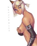  animal_ears back blonde_hair blue_eyes breasts cat_ears covering covering_breasts dark_skin detached_sleeves final_fantasy final_fantasy_xi large_breasts lips mithra nude quot short_hair sideboob simple_background solo 