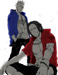  2boys belt blue_shirt freckles hand_in_pocket indian_style jewelry jolly_roger male male_focus marco multiple_boys necklace one_piece open_clothes open_shirt pirate portgas_d_ace red_shirt shirt sitting smile spot_color standing tattoo whitebeard_pirates xla009 