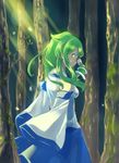  back bad_id bad_pixiv_id blush breasts detached_sleeves forest green_eyes green_hair hair_ornament hair_tubes highres hutaba123 kochiya_sanae long_hair medium_breasts nature skirt smile snake_hair_ornament solo sun touhou tree 