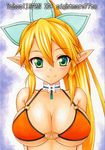 artist_name bikini blonde_hair braid breasts cleavage elf green_eyes large_breasts leafa long_hair looking_at_viewer nightmare77zx o-ring o-ring_top pointy_ears ponytail smile solo swimsuit sword_art_online traditional_media twin_braids 
