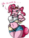  anthro anthrofied avante92 blue_eyes blush breasts clothing equine female friendship_is_magic grope hair hair_band horse mammal my_little_pony pink_hair pinkie_pie_(mlp) plain_background pony shorts solo standing white_background 