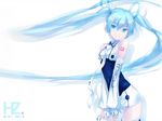  blue_eyes blue_hair detached_sleeves gloves hatsune_miku headphones highres long_hair nanakusa necktie solo tattoo twintails very_long_hair vocaloid white_background 