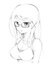  breasts cleavage glasses greyscale long_hair medium_breasts monochrome open_mouth original simple_background solo white_background yosinobu 