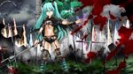  aqua_hair bad_id bad_pixiv_id blood garter_belt hatsune_miku highres kuromayu long_hair midriff navel red_eyes scythe solo thighhighs twintails vocaloid weapon 