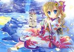  absurdres anklet barefoot blonde_hair blue_eyes blush bow bug firefly fujima_takuya hair_bow highres insect japanese_clothes jewelry kimono lamp long_hair non-web_source original scan sitting soaking_feet stream tied_hair water 