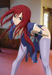  1girl bent_over black_eyes breasts cleavage erza_scarlet fairy_tail hanging_breasts highres japanese_clothes kimono kyabakurabakufu large_breasts legs long_hair looking_at_viewer no_bra purple_legwear red_hair smile solo standing tattoo thighs 