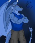  anthro azurin biceps big_muscles blue blue_body blue_dragon blue_eyes claws clothing crossed_arms dragon fangs folded_arms green_eyes grin horn male muscles pants pecs pose reptile saixyuniz-xynz scales scalie shirt smile smirk solo standing tank_top teeth wings 