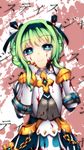  armor armored_dress blood blue_eyes closed_mouth crazy_eyes dress fi-san gauntlets grand_chase green_hair grey_dress lime_serenity looking_at_viewer parody short_hair smile upper_body yandere_trance 