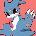  anus blue_skin claws cloaca cute digimon happy horn looking_at_viewer male otona_no_kitsune paws penis pink_background plain_background raised_leg red_eyes sharp_teeth smile solo teeth veemon young 