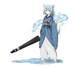  animal_ears barefoot blue_eyes blue_hair byou_(kazana) cat_ears cat_tail closed_umbrella full_body highres japanese_clothes kazana_(sakuto) kimono magic oriental_umbrella original robe simple_background smile solo tail umbrella water water_manipulation white_background 