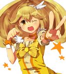  bad_id bad_pixiv_id blonde_hair bow choker cure_peace earrings hair_flaps hair_ornament highres jewelry kise_yayoi long_hair magical_girl one_eye_closed open_mouth ponytail precure ribbon shirogane_(ankoromochi) smile smile_precure! solo v wrist_cuffs yellow yellow_bow yellow_eyes 