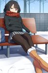  bag bench black_hair boots brown_eyes covered_mouth fur_boots gloves highres original pantyhose pinkwaters plaid plaid_scarf plaid_skirt red_scarf scarf school_bag school_uniform short_hair sitting skirt snow solo ugg_boots 
