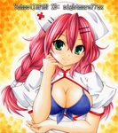  artist_name blush braid breasts cleavage front-tie_top green_eyes hat large_breasts long_hair nightmare77zx nurse nurse_cap open_clothes original red_hair smile solo traditional_media twin_braids 