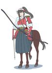  archery armor arrow black_hair blue_eyes bow_(weapon) centaur fingerless_gloves forehead_protector frown gloves hakama headband japanese_armor japanese_clothes kote kurenai_yuuji kusazuri kyuudou long_hair monster_girl muneate one_eye_closed original ponytail quiver shoulder_armor sidelocks sode solo tail weapon 