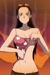  black_hair blush breasts brown_eyes cleavage collarbone eyewear_on_head groin highres kakkii long_hair looking_at_viewer medium_breasts midriff navel nico_robin one_piece open_mouth pink_shirt shirt sleeveless solo standing stomach sunglasses underboob upper_body very_long_hair wet wet_clothes wet_shirt 