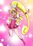  :d aida_mana blonde_hair boots bow choker color_connection corset cosplay cure_heart cure_peach cure_peach_(cosplay) curly_hair dokidoki!_precure earrings eyelashes fresh_precure! full_body gradient gradient_background hair_ornament hairpin half_updo heart heart_hair_ornament highres ireku_badou jewelry knee_boots long_hair look-alike magical_girl open_mouth outstretched_arm pink pink_background pink_bow pink_choker pink_eyes pink_footwear ponytail precure puffy_sleeves skirt smile solo sparkle star wrist_cuffs yellow_background 