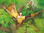  1girl alena_(dq4) boots brown_hair cat clift closed_eyes curly_hair dragon_quest dragon_quest_iv hat in_tree knee_boots long_hair lying meikousei pantyhose ribbon short_hair smile tree 