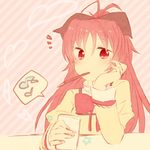  bow eighth_note food hair_bow long_hair lowres mahou_shoujo_madoka_magica mizuki_(flowerlanguage) mouth_hold musical_note pocky ponytail quarter_note red_eyes red_hair sakura_kyouko school_uniform solo speech_bubble spoken_musical_note 