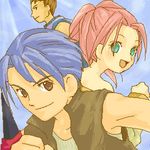  1girl 3boys blade blue_hair brown_eyes gala green_eyes legaia_densetsu long_hair lowres meta_(legaia_densetsu) multiple_boys noa_(legaia_densetsu) pink_hair playstation ra-seru smile vahn vest 