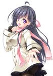  :d ahoge black_hair black_legwear coat fujimiya_takashi_(asagiri_ren) long_hair looking_at_viewer open_mouth original outstretched_arm pantyhose pink_scarf purple_eyes scarf simple_background smile solo white_background winter_clothes 