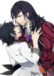  bad_id bad_pixiv_id black_hair brown_eyes chin_grab formal fur_trim gloves jude_mathis kiragera long_hair male_focus multicolored_hair multiple_boys necktie pinstripe_pattern red_eyes rideau_(tales) striped suit surprised sweat tales_of_(series) tales_of_xillia tales_of_xillia_2 two-tone_hair white_background white_hair 
