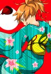  akai_homura green_eyes japanese_clothes kenji_(8zidayo) kimono looking_back obi orange_hair ponytail red_background sash short_hair smile solo tokimeki_memorial tokimeki_memorial_2 yukata 