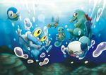  blue_eyes bubble bubbles chesiercat eyes_closed fang fins froakie frog looking_back mudkip nintendo no_humans oshawott piplup pokemon red_eyes smile squirtle tail totodile turtle underwater water yellow_eyes 