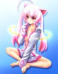  ahoge animal_ears barefoot breasts cat_ears cleavage crossed_legs evandragon feet highres hood jacket kyubey long_hair mahou_shoujo_madoka_magica medium_breasts no_bra no_pants open_clothes open_jacket personification pink_hair red_eyes sitting sleeves_past_wrists smile solo twintails unzipped 
