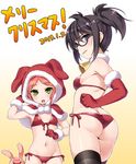  2girls alicia_(pop'n_music) ass bare_shoulders bikini black_hair blush bunny butt_crack christmas dated elbow_gloves glasses gloves green_eyes hood looking_at_viewer merry_christmas multiple_girls open_mouth parted_lips pink_hair pop'n_music purple_eyes red_gloves root@chou_dou-ken short_hair shouni_(sato3) swimsuit thighhighs 