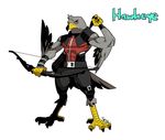  beak belt bow_(weapon) bracers clothing fur grey_fur hawk hawkeye looking_at_viewer male plain_background ranged_weapon red_eyes sharks solo source_request the_avengers weapon white_background 