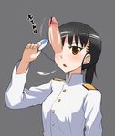  :o bar_censor black_hair blush brown_eyes censored ereraero eyepatch eyepatch_removed futanari looking_at_viewer motion_lines one-eyed open_mouth penis ponytail sakamoto_mio simple_background solo strike_witches translated undressing uniform what world_witches_series 