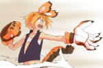 1girl angry female fighting_stance flat_chest gloves open_mouth orange_hair paw_gloves paws sarashi satsuyo sharp_teeth short_hair solo tail teeth vest 