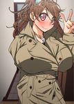  1girl breasts brown_hair female huge_breasts jewelry kunifuto messy_hair necklace original raincoat red_eyes ring solo standing v 