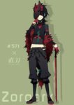  black_hair character_name flower gen_5_pokemon gloves hair_over_eyes highres long_hair male_focus mask merlusa midriff navel pants parted_lips personification pokemon shadow solo sword translation_request very_long_hair weapon zoroark 