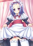  1girl blue_hair blush looking_at_viewer maid maid_headdress mikan_(5555) purple_eyes pussy skirt skirt_lift solo thighhighs uncensored 