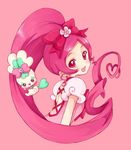  bow choker chypre_(heartcatch_precure!) creature cure_blossom hair_bow hanasaki_tsubomi heartcatch_precure! long_hair looking_back magical_girl pink pink_background pink_bow pink_choker pink_eyes pink_hair ponytail precure puffy_sleeves sikuhima smile 