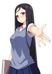  armpit_hair armpit_peek black_hair blush book copyright_request ereraero long_hair looking_at_viewer outstretched_arm outstretched_hand red_eyes ribbon simple_background skirt smile solo uniform up_sleeve very_long_hair vest white_background 
