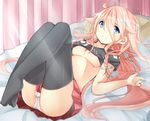  bed blue_eyes breasts cameltoe frown ia_(vocaloid) long_hair looking_at_viewer medium_breasts mizuno_monaka panties pink_hair shiny shiny_skin shirt_lift skirt solo thighhighs underboob underwear vocaloid 