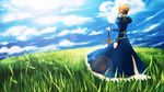  ahoge aiovia artoria_pendragon_(all) blonde_hair caliburn cloud day dress fate/stay_night fate_(series) field from_behind hair_ribbon hand_on_hilt hands_on_hilt highres juliet_sleeves long_sleeves planted_sword planted_weapon puffy_sleeves ribbon saber sky solo sword weapon 