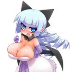  1girl arekishi blue_eyes blue_hair breasts cum cum_on_body cum_on_breasts cum_on_upper_body demon_girl dress huge_breasts large_breasts pointy_ears uni_(arekishi) 